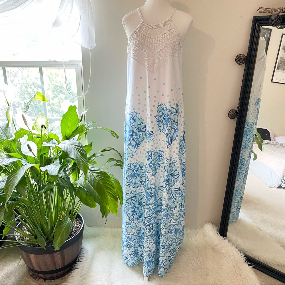 Lilly Pulitzer Pearl Halter Maxi Dress Resort White Karma Camellia Blue 4 - Picture 6 of 16